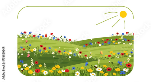 Vibrant wildflowers meadow under the sun in spring season illustration landscape