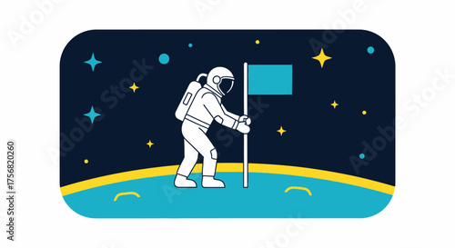 Minimalist astronaut illustration with flag planting on alien planet graphic style