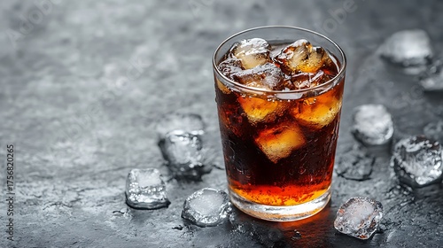 Refreshing glass of cola with ice on stone table