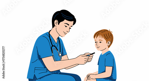 Pediatrician examining a child patient, medical care for children illustration, health checkup,