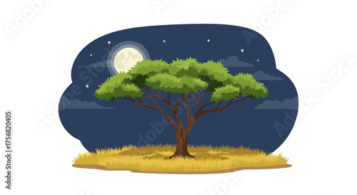 Serene nighttime scene with a solitary tree silhouette under a full moon backdrop illuminating the