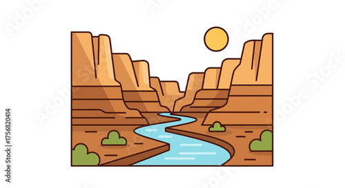 Stylized grand canyon illustration with river and sun on vibrant daytime clear sky