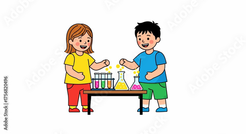 Children experiment with chemicals in beakers, cartoon style drawing, fun educational activities