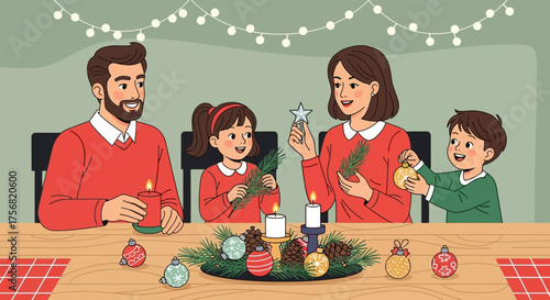 Family sharing the joy of christmas decorating their home with ornament and a wreath centerpiece