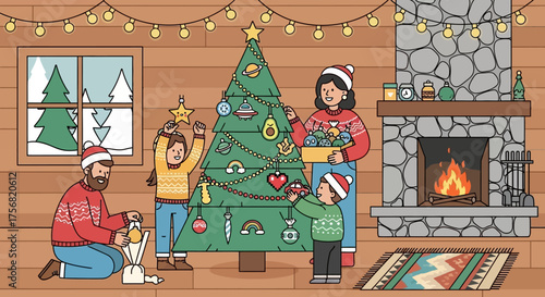 Heartwarming holiday illustration of a family joyfully decorating their Christmas tree with care