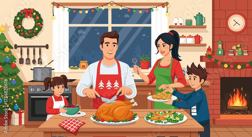 Festive family gathering preparing a delicious holiday meal in a cozy decorated kitchen