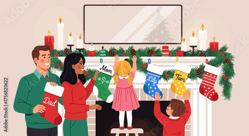 Festive family preparing home for christmas with stockings decoration on fireplace hearth