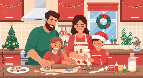 Festive family baking Christmas cookies in cozy kitchen decorated with Christmas lights and wreath