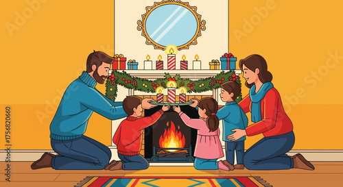 Family Celebrating Christmas Eve by Placing Candles in the Fireplace with Love
