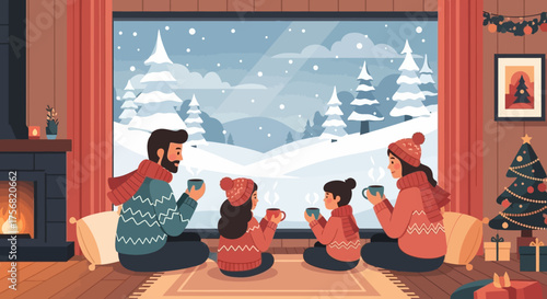 Cozy family gathering by the window enjoying the winter landscape with warmth and happiness