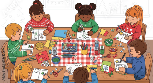 Festive crafting session with children making holiday decorations around a wooden table