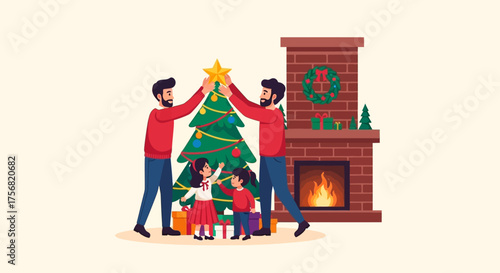 Delightful christmas scene: gay dads and children adorn the christmas tree with star