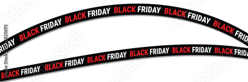 black friday promotional ribbon banner with red and white text on curved black background for retail sale, discount, and marketing ads