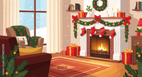 Cozy Christmas Eve: Warm fireplace adorned with stockings and festive decorations enhances