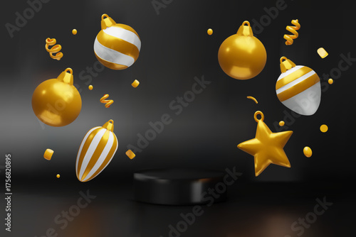 3D Black Baubles Podium with Confetti