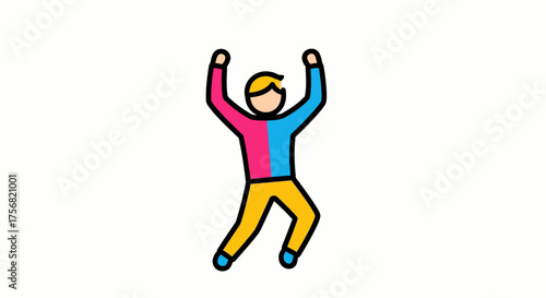 Illustrated figure with vibrant colors expressing elation and joy through an exuberant gesture,