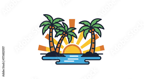 Tropical island paradise with stylized palm trees and vibrant sun rays, perfect for vacation themes