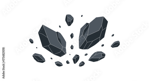 Scattered geometric rock fragments with subtle gradients and precise vector lines in monochrome