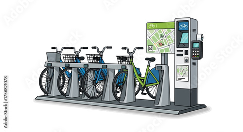 Urban mobility solution bicycle sharing station featuring interactive map and payment kiosk