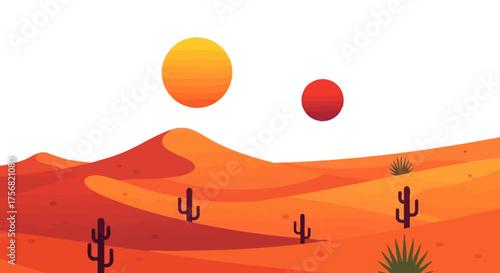 Stylized desert landscape with dunes, cacti, and celestial orbs in a minimalist illustration style