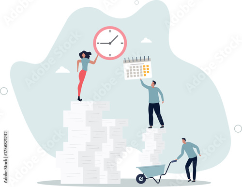 wheelbarrow full of paper documents, sorting unorganized stacks and heap.business and time management concept.life and employment of people.