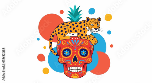 Vibrant illustration of a jaguar atop a sugar skull, blending wildlife with cultural artistry,