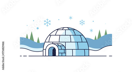 Charming winter scene featuring a minimalist igloo illustration with snowflakes falling gently in