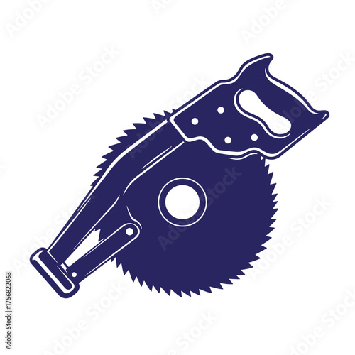 Dark blue hand saw illustration with detailed edges on a plain white background