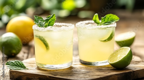 Refreshing lemonade or limeade in two sugar rimmed glasses