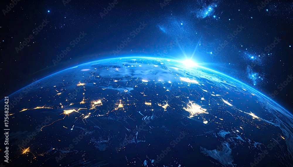 Fototapeta premium Glistening Earth From Space Illuminated by Sunrise and Starry Sky Showing Bright City Lights Below Detailed Globe View