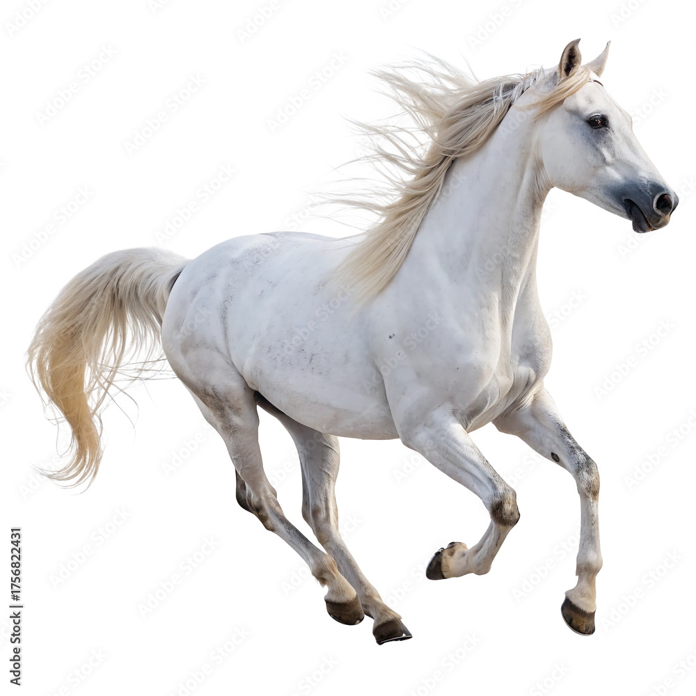 Obraz premium Majestic white horse galloping isolated on transparent background