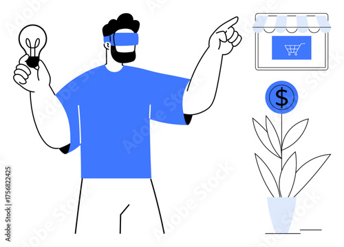 Man wearing VR headset holding light bulb, pointing at e-commerce storefront, dollar coin, and plant. Ideal for innovation, technology, e-commerce, virtual shopping, finance creativity simple flat