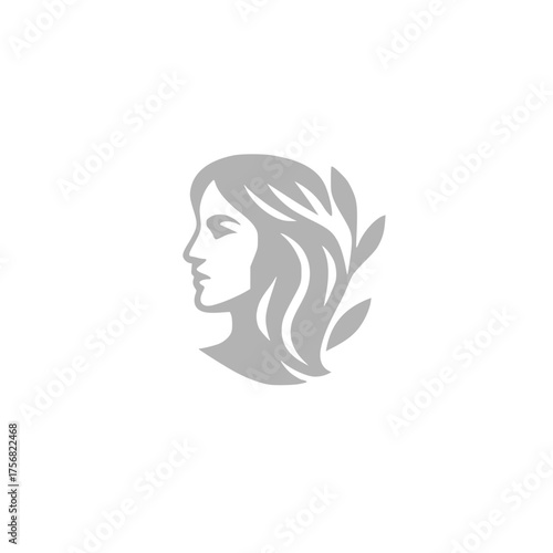 Elegant vector logo of a woman's profile with flowing hair and leaves, symbolizing natural beauty, serenity, and femininity. A graceful icon inspired by classical mythology
