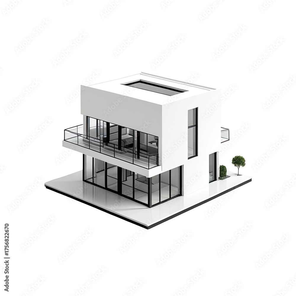 Fototapeta premium Modern minimal cube house with glass walls and a small balcony