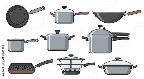 A cartoonstyle assortment of nine different pots and pans