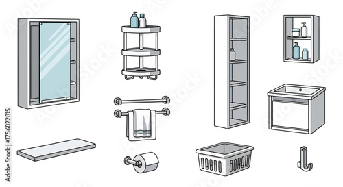 A bathroom scene features cabinets shelves towel racks and accessories all rendered in a simple illustrative style
