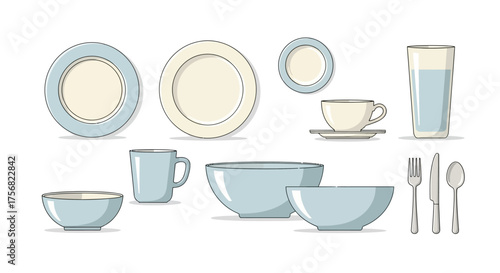 A collection of dinnerware including plates bowls cups a glass and silverware displayed on a white background