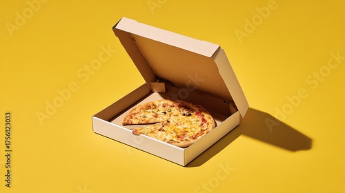 Pizza in open cardboard box on yellow background