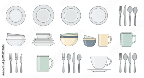 An array of tableware including plates bowls mugs and cutlery neatly arranged in rows