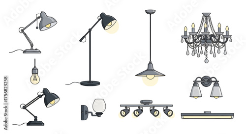 An assortment of ten different types of lighting fixtures depicted in illustration