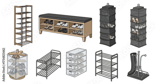 Assorted shoe storage units are arranged on a white background