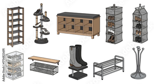 Assorted shoe racksstorage solutions varied shapes sizes materials designs in a white background