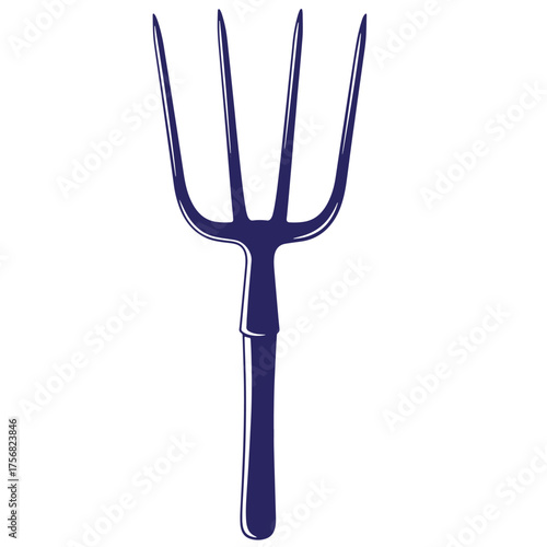 Illustrated graphic design of a dark blue garden pitchfork on a crisp white background