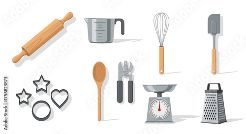 Baking utensils spread including a rolling pin cookie cutters scale and grater