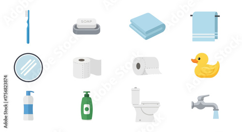 Bathroom icons toothbrush soap towels mirror paper duck dispensers toilet faucet depicting hygiene  amenities