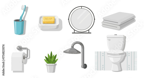 Bathroom elements toothbrush soap mirror towels toilet paper plant shower head and toilet atop a mat