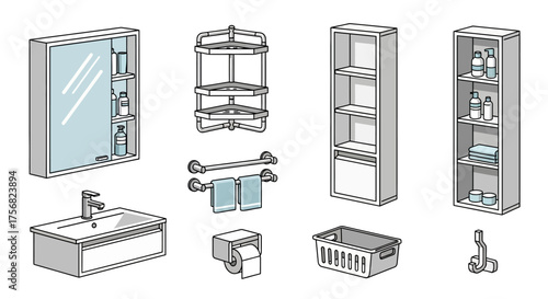 Bathroom furnishings sink shelves towel rack storage and accessories in a minimalist style