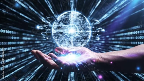 Futuristic Digital Globe Floating Above Human Hand With Glowing Data Network Lines And Virtual Technology Light