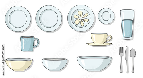 Cartoon tableware plates bowls cups glass fork knife spoon Light blue and cream colors with outlines