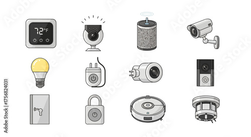 Cartoon illustration featuring 12 smart home device icons on a white backdrop